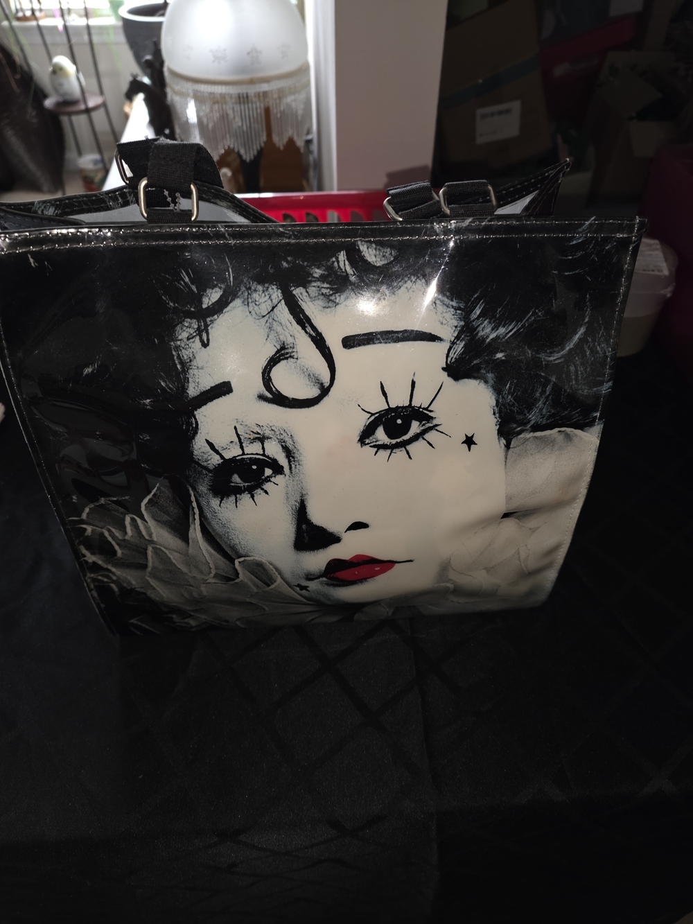 Capezio Black Graphic Face Satchel with Red Lip Accent